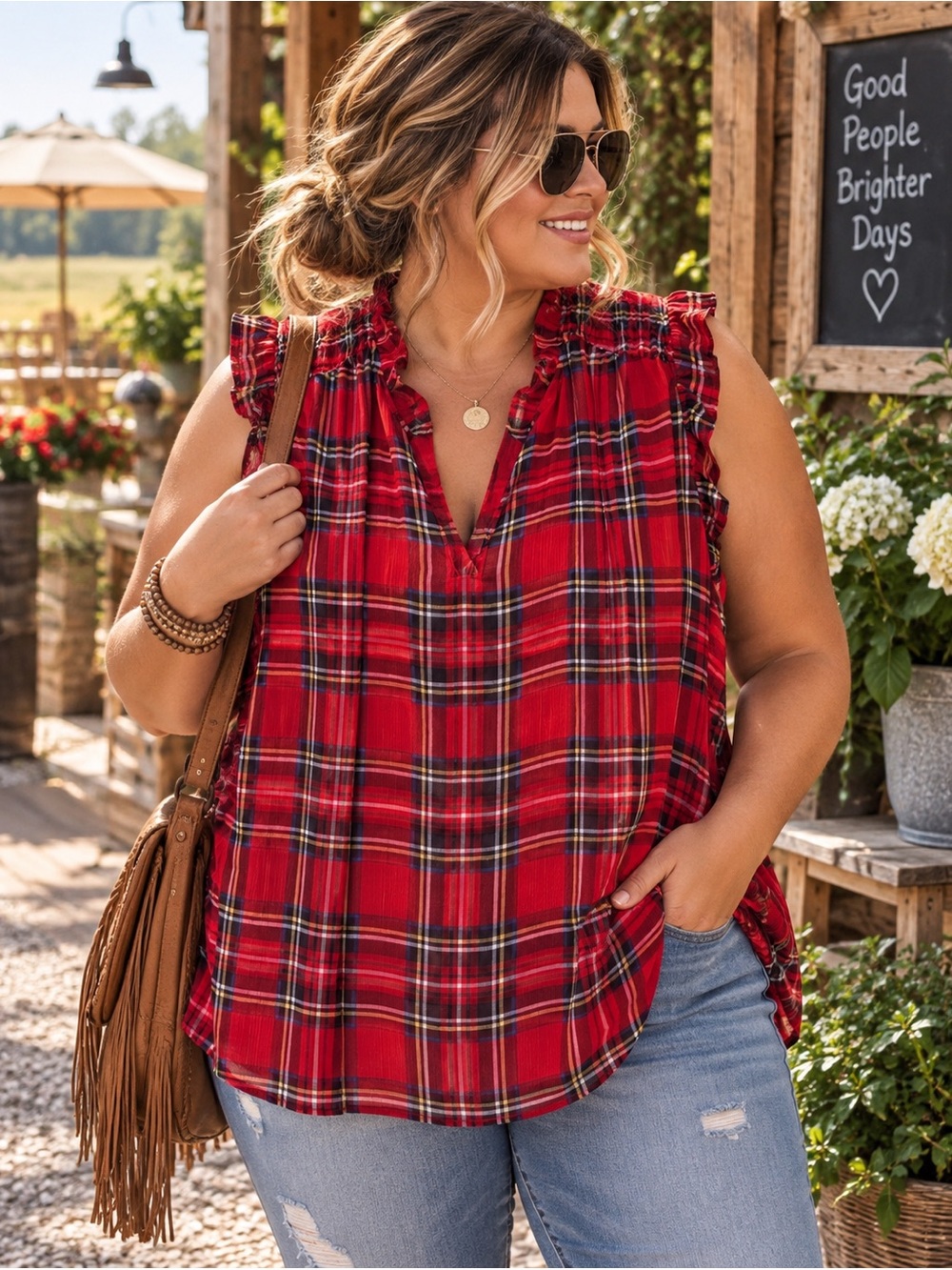 Lane Bryant Size 26/28 | Red Plaid Ruffle Sleeveless Blouse | Country